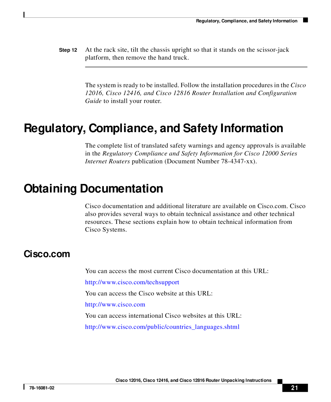 Cisco Systems Cisco 12016 manual Regulatory, Compliance, and Safety Information, Cisco.com 