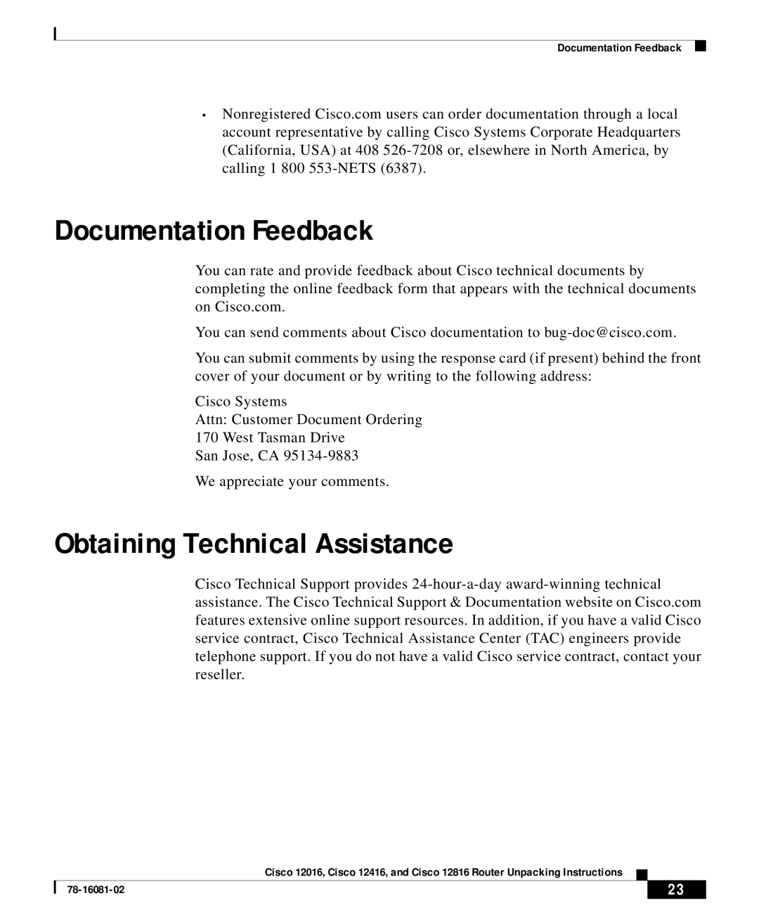 Cisco Systems Cisco 12016 manual Documentation Feedback 