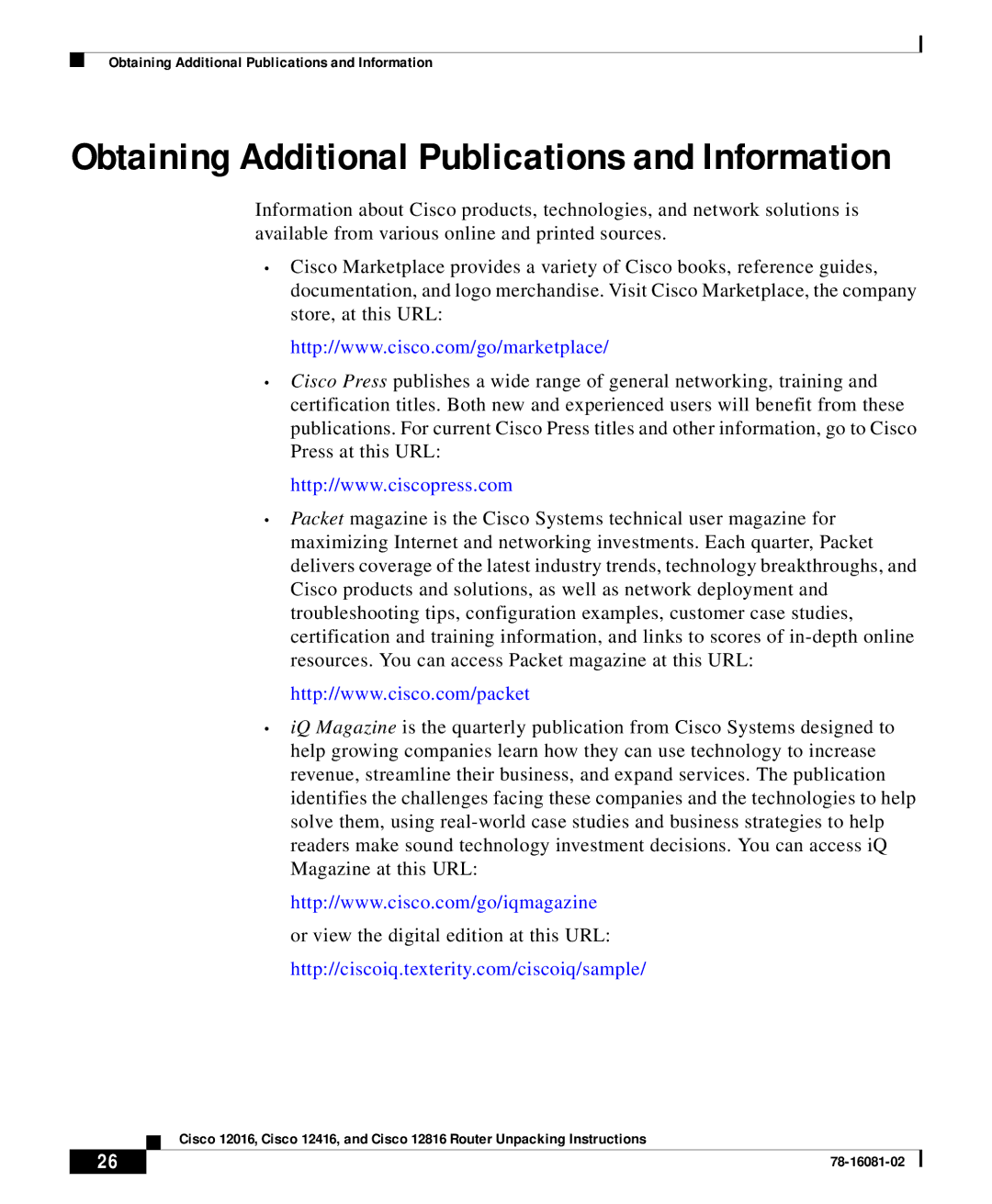 Cisco Systems Cisco 12016 manual Obtaining Additional Publications and Information 