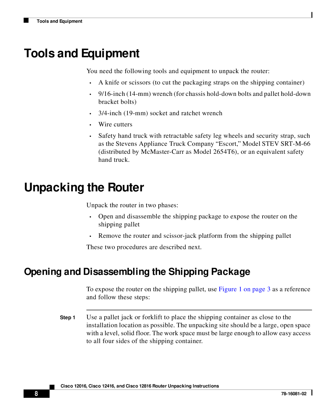 Cisco Systems Cisco 12016 manual Tools and Equipment, Opening and Disassembling the Shipping Package 