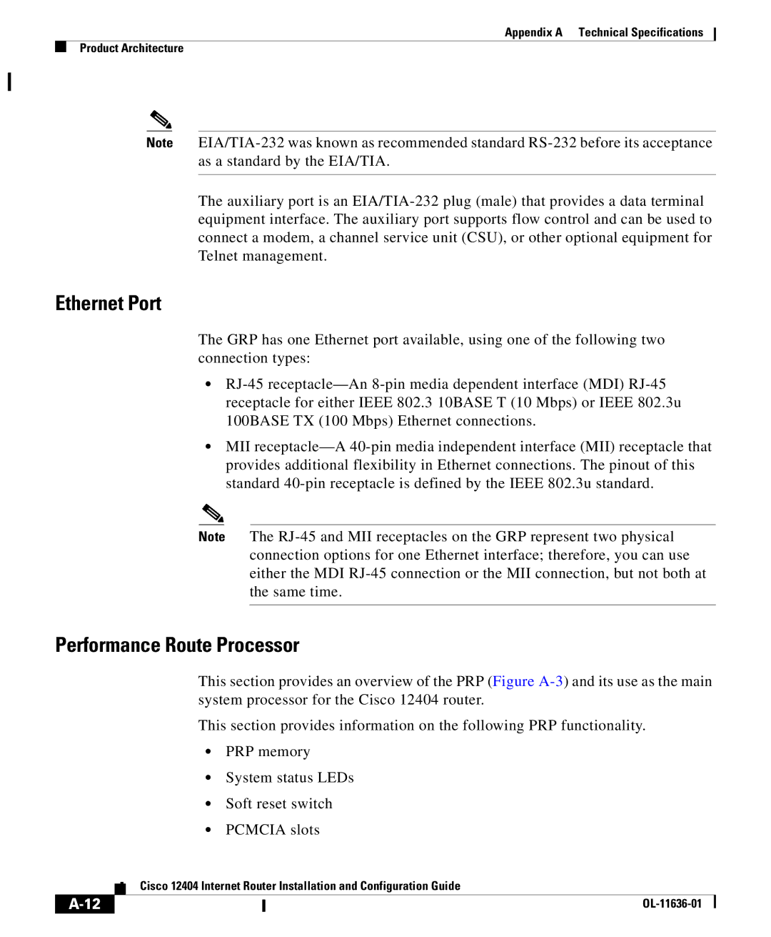Cisco Systems Cisco 12404 appendix Ethernet Port, Performance Route Processor 