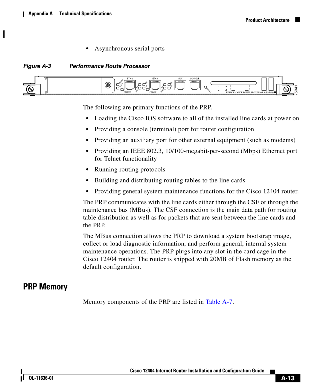 Cisco Systems Cisco 12404 appendix PRP Memory, Memory components of the PRP are listed in Table A-7 