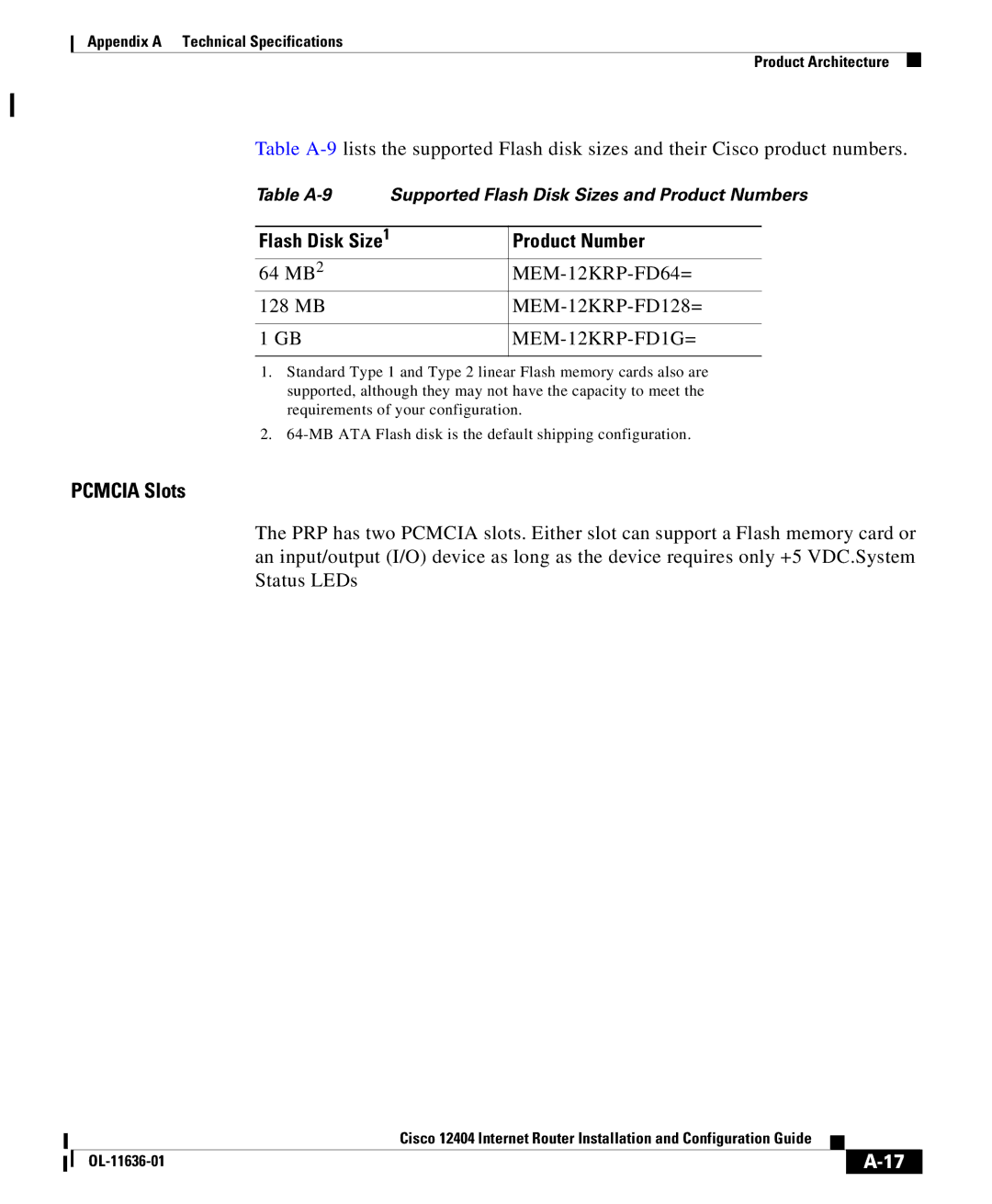 Cisco Systems Cisco 12404 appendix Flash Disk Size Product Number, MEM-12KRP-FD1G= 