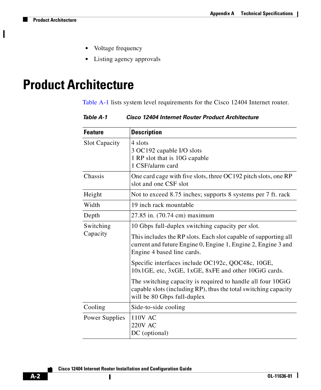 Cisco Systems Cisco 12404 appendix Product Architecture, Feature Description 