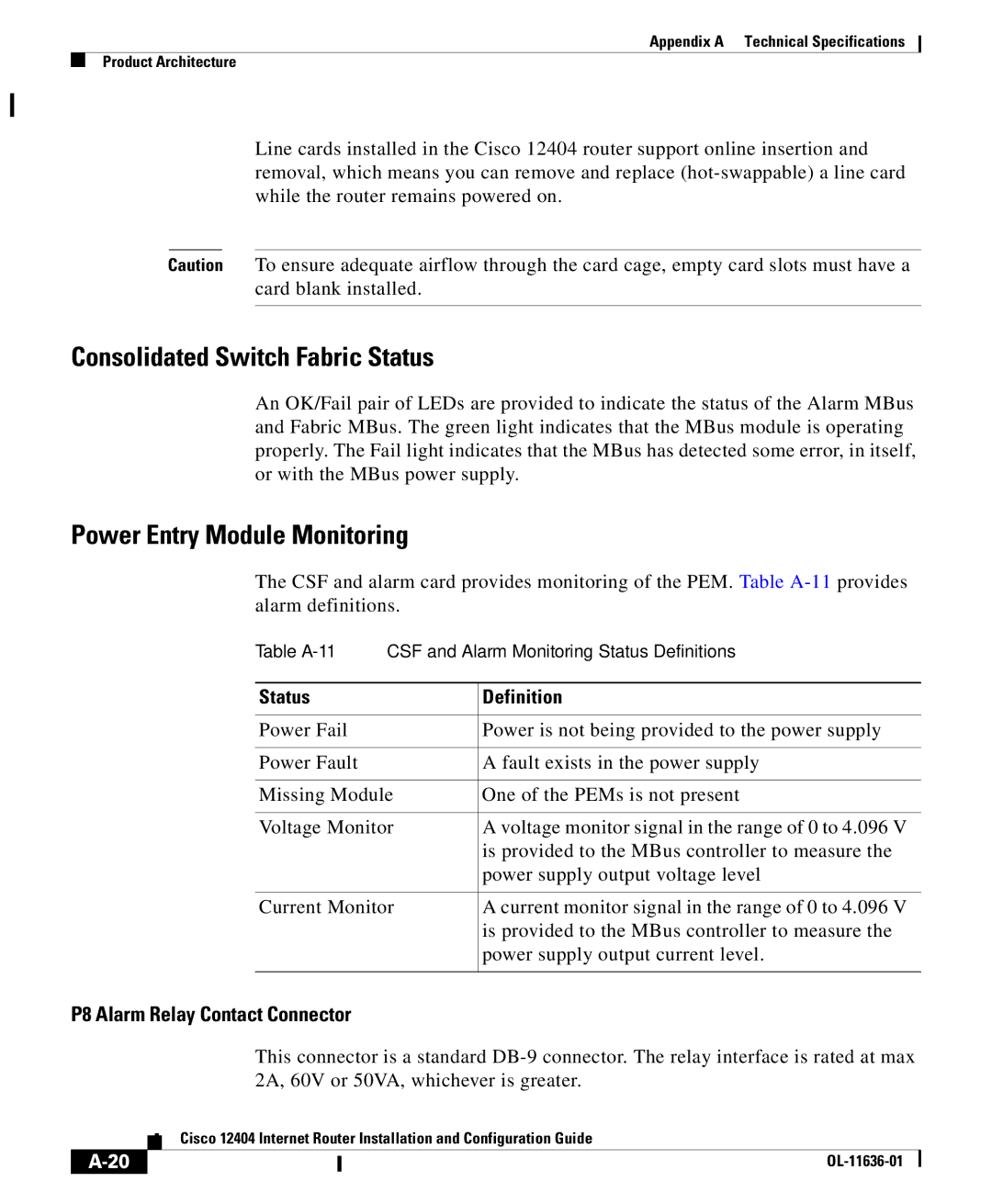 Cisco Systems Cisco 12404 appendix Consolidated Switch Fabric Status, Power Entry Module Monitoring, Status Definition 