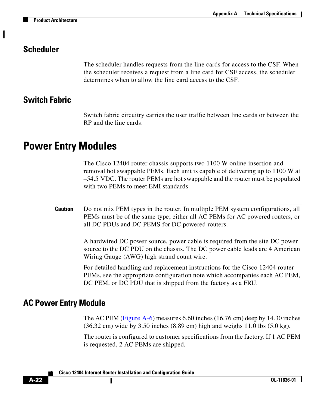 Cisco Systems Cisco 12404 appendix Power Entry Modules, Scheduler, Switch Fabric, AC Power Entry Module 