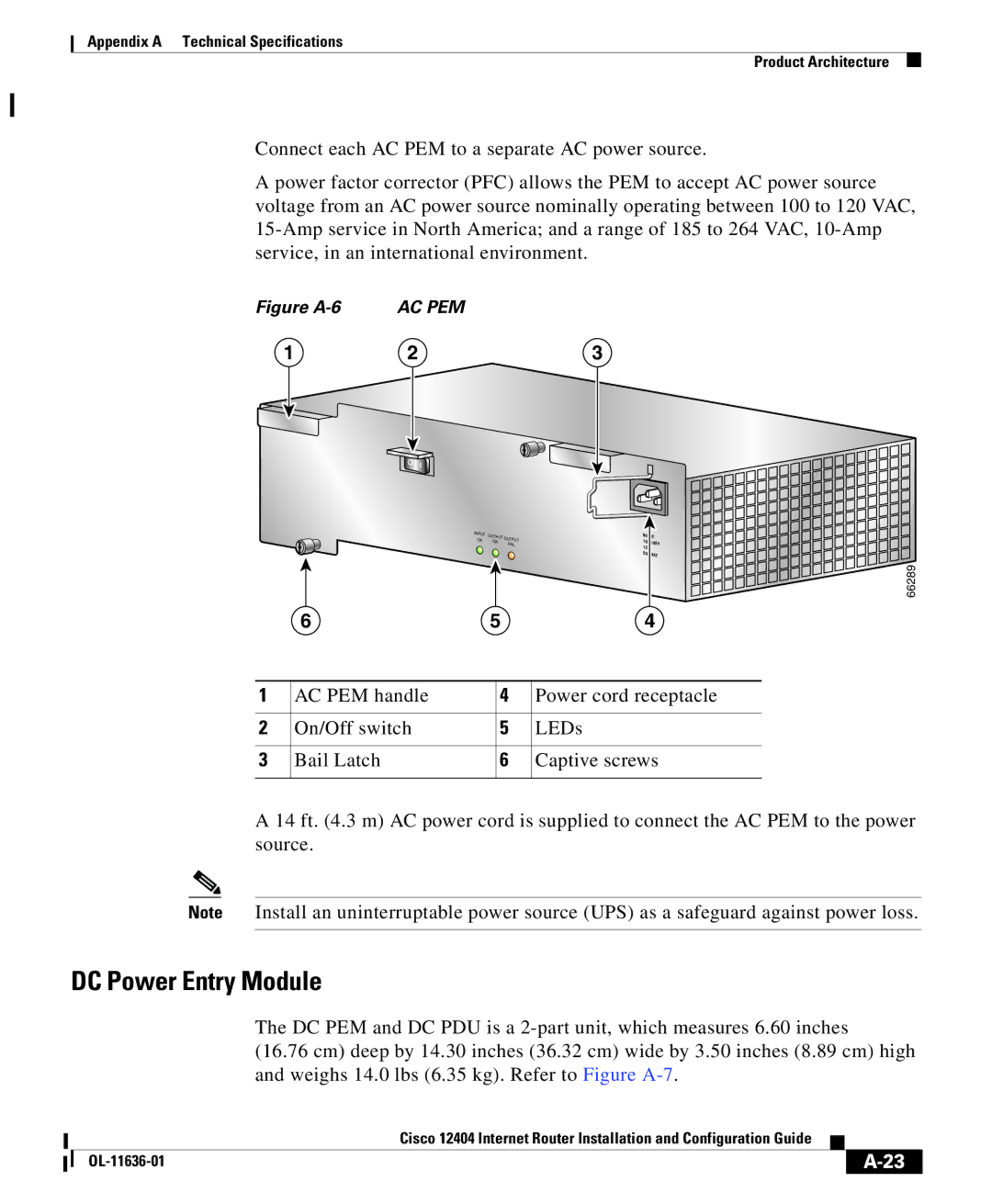 Cisco Systems Cisco 12404 appendix DC Power Entry Module, Figure A-6 