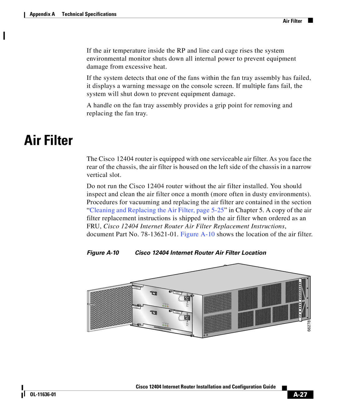 Cisco Systems appendix Figure A-10 Cisco 12404 Internet Router Air Filter Location 