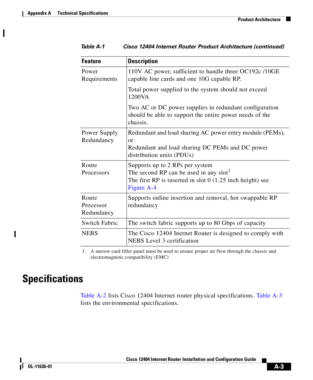 Cisco Systems Cisco 12404 appendix Specifications, Nebs 