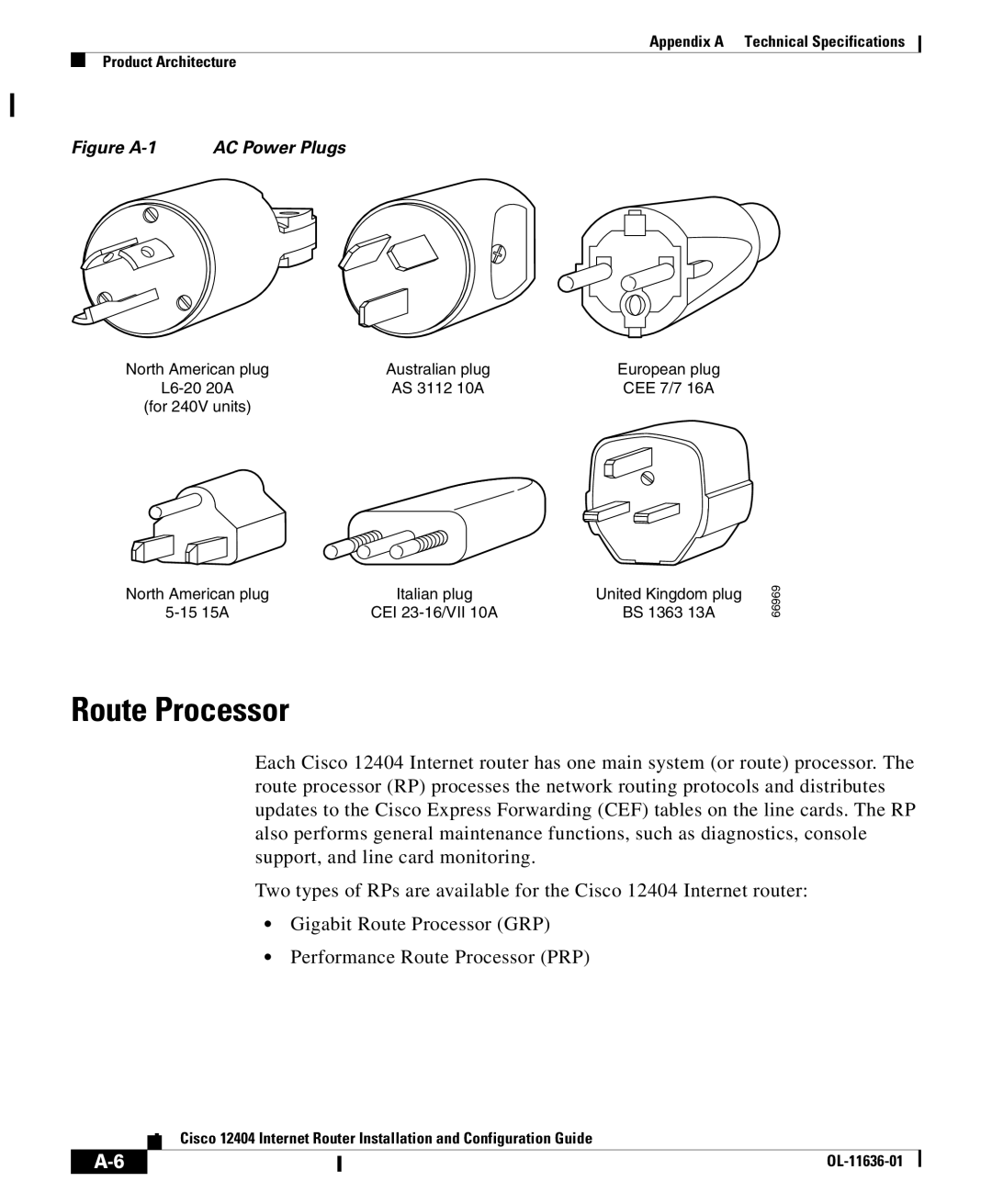 Cisco Systems Cisco 12404 appendix Route Processor, AC Power Plugs 