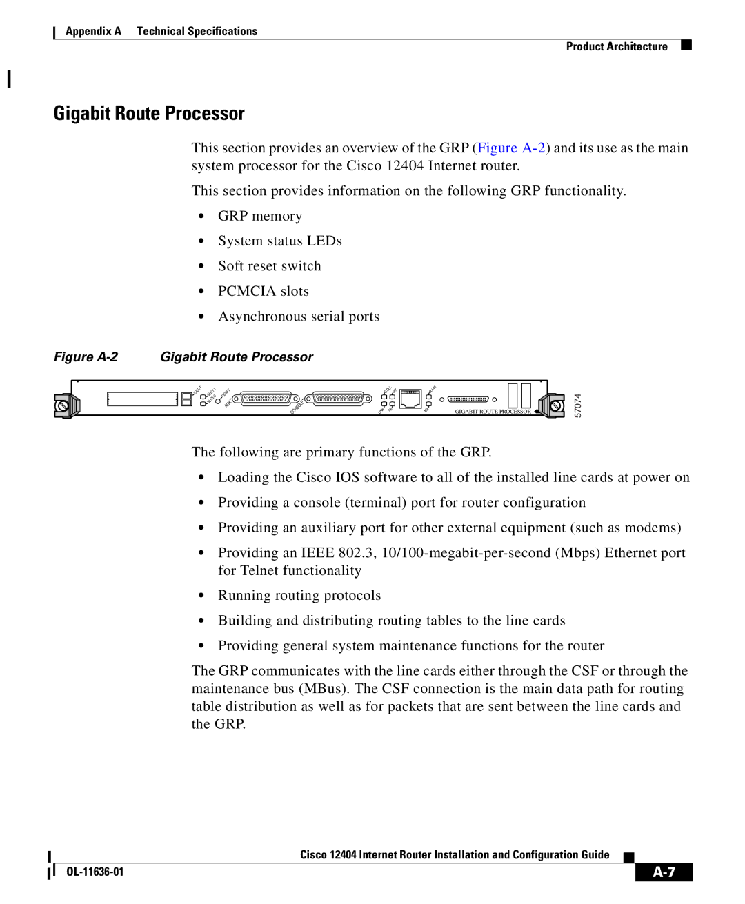 Cisco Systems Cisco 12404 appendix Figure A-2 Gigabit Route Processor 