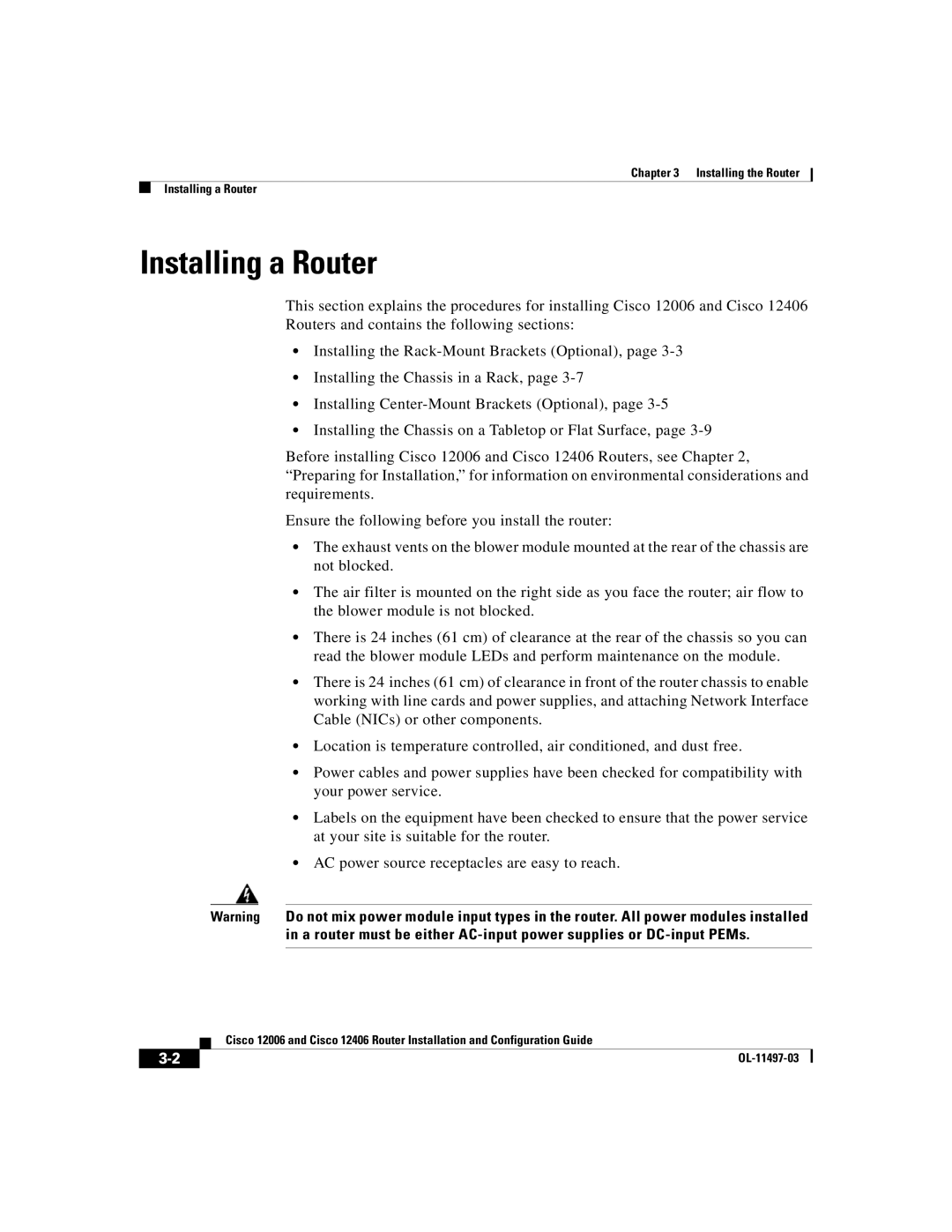 Cisco Systems Cisco 12406, Cisco 12006 manual Installing a Router 