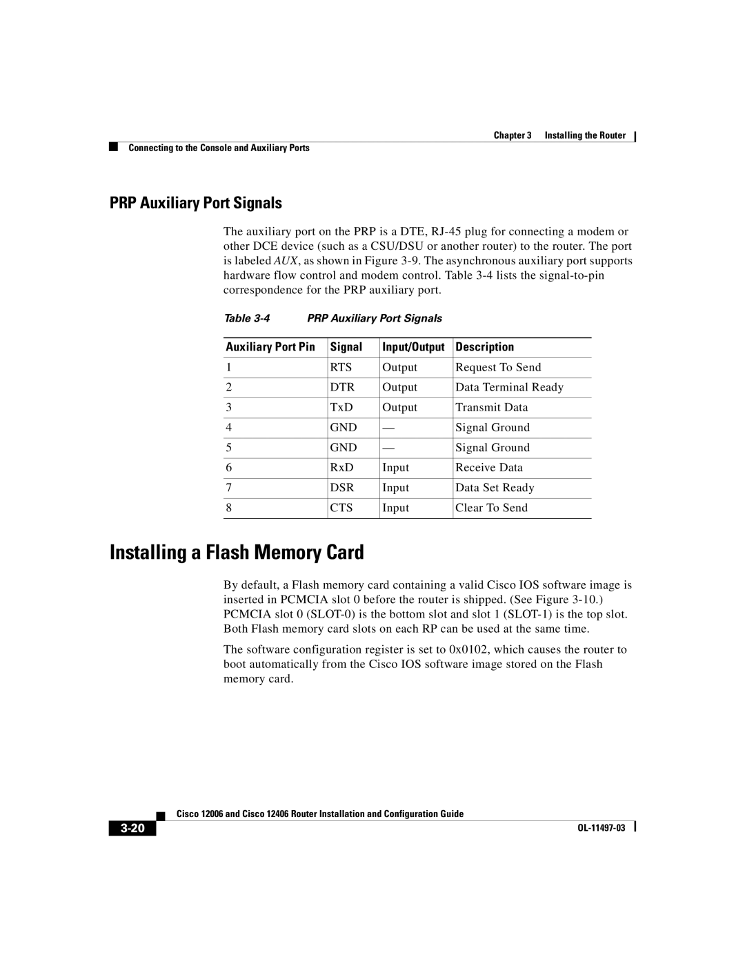 Cisco Systems Cisco 12406 manual Installing a Flash Memory Card, PRP Auxiliary Port Signals, Auxiliary Port Pin Signal 