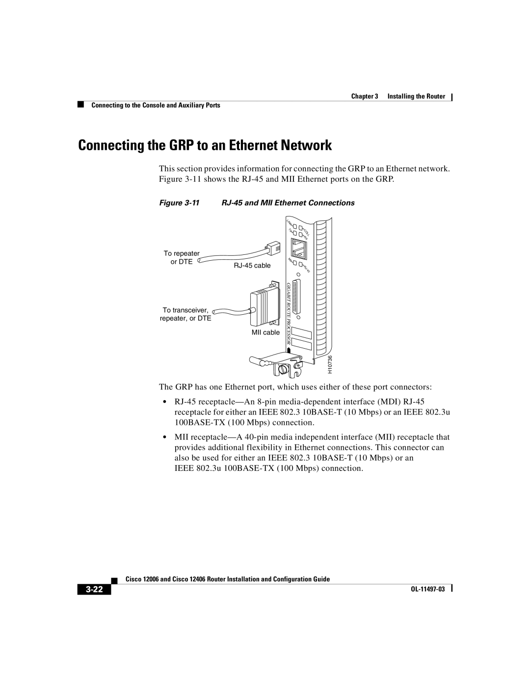 Cisco Systems Cisco 12406, Cisco 12006 Connecting the GRP to an Ethernet Network, 11 RJ-45 and MII Ethernet Connections 