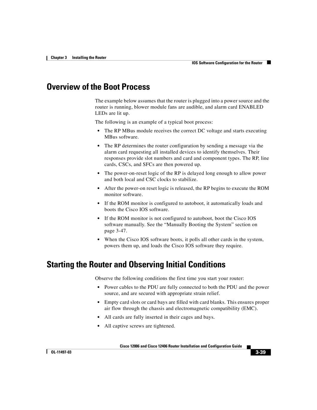 Cisco Systems Cisco 12006, Cisco 12406 Overview of the Boot Process, Starting the Router and Observing Initial Conditions 