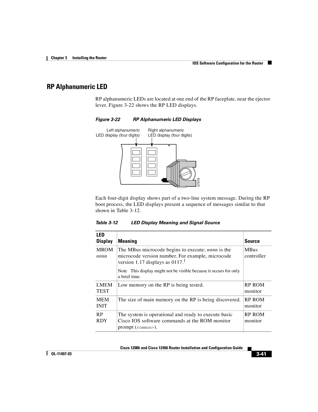 Cisco Systems Cisco 12006, Cisco 12406 manual RP Alphanumeric LED, Display Meaning Source 