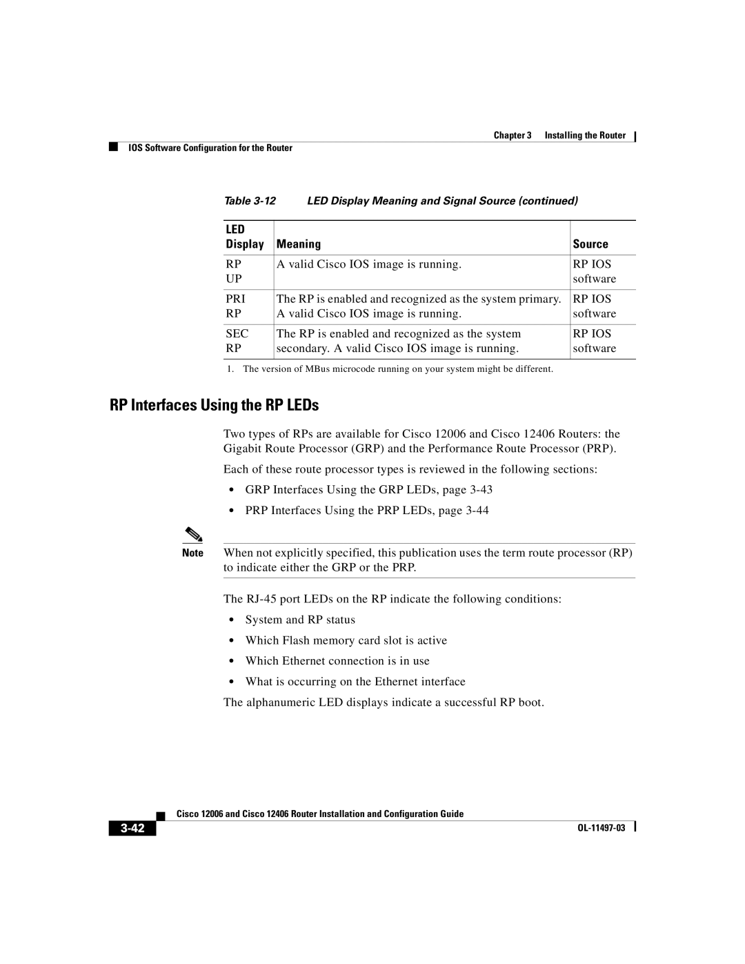 Cisco Systems Cisco 12406, Cisco 12006 manual RP Interfaces Using the RP LEDs, Rp Ios, Pri, Sec 