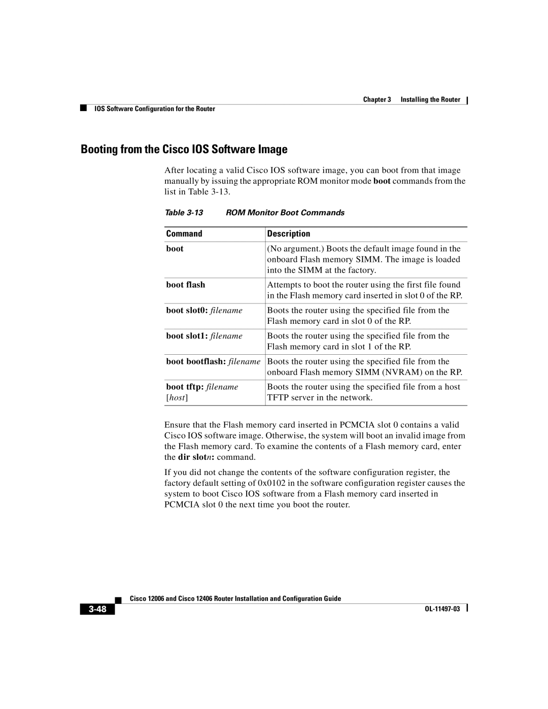 Cisco Systems Cisco 12406, Cisco 12006 manual Booting from the Cisco IOS Software Image, Command Description 