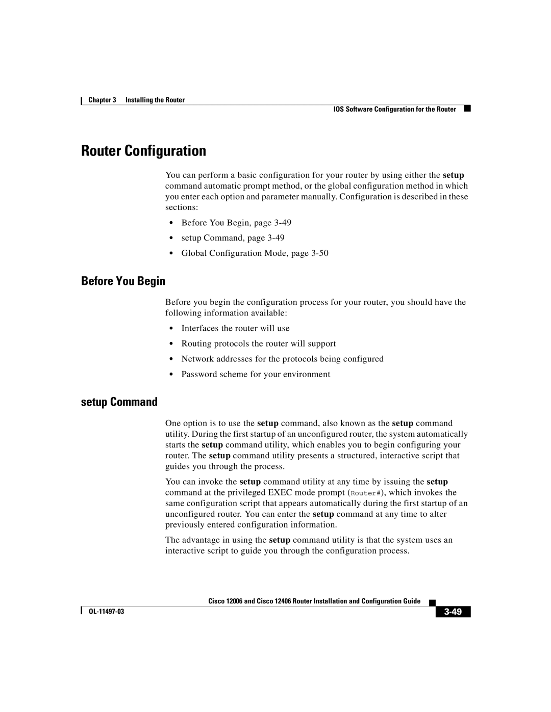 Cisco Systems Cisco 12006, Cisco 12406 manual Router Configuration, Before You Begin, Setup Command 