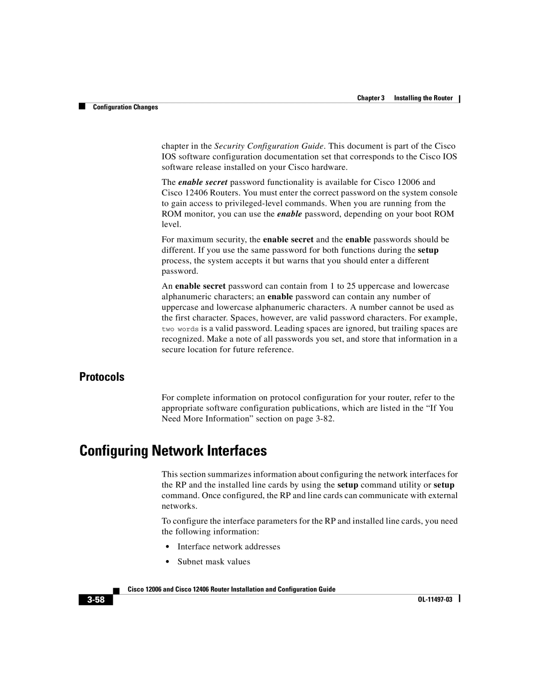 Cisco Systems Cisco 12406, Cisco 12006 manual Configuring Network Interfaces, Protocols 