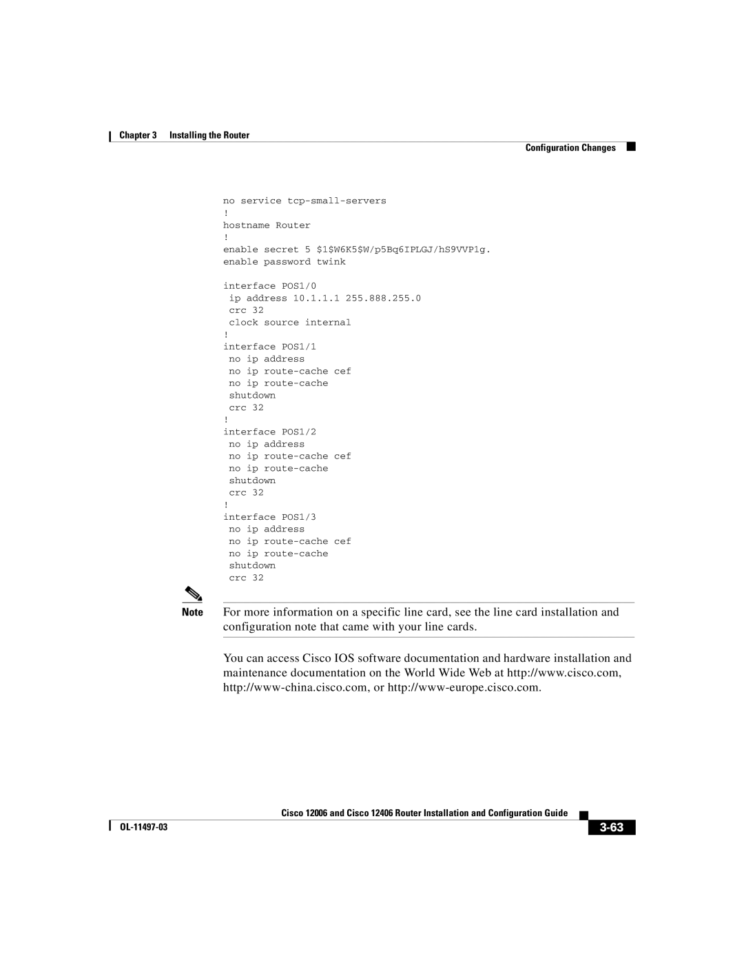 Cisco Systems Cisco 12006, Cisco 12406 manual No service tcp-small-servers Hostname Router 