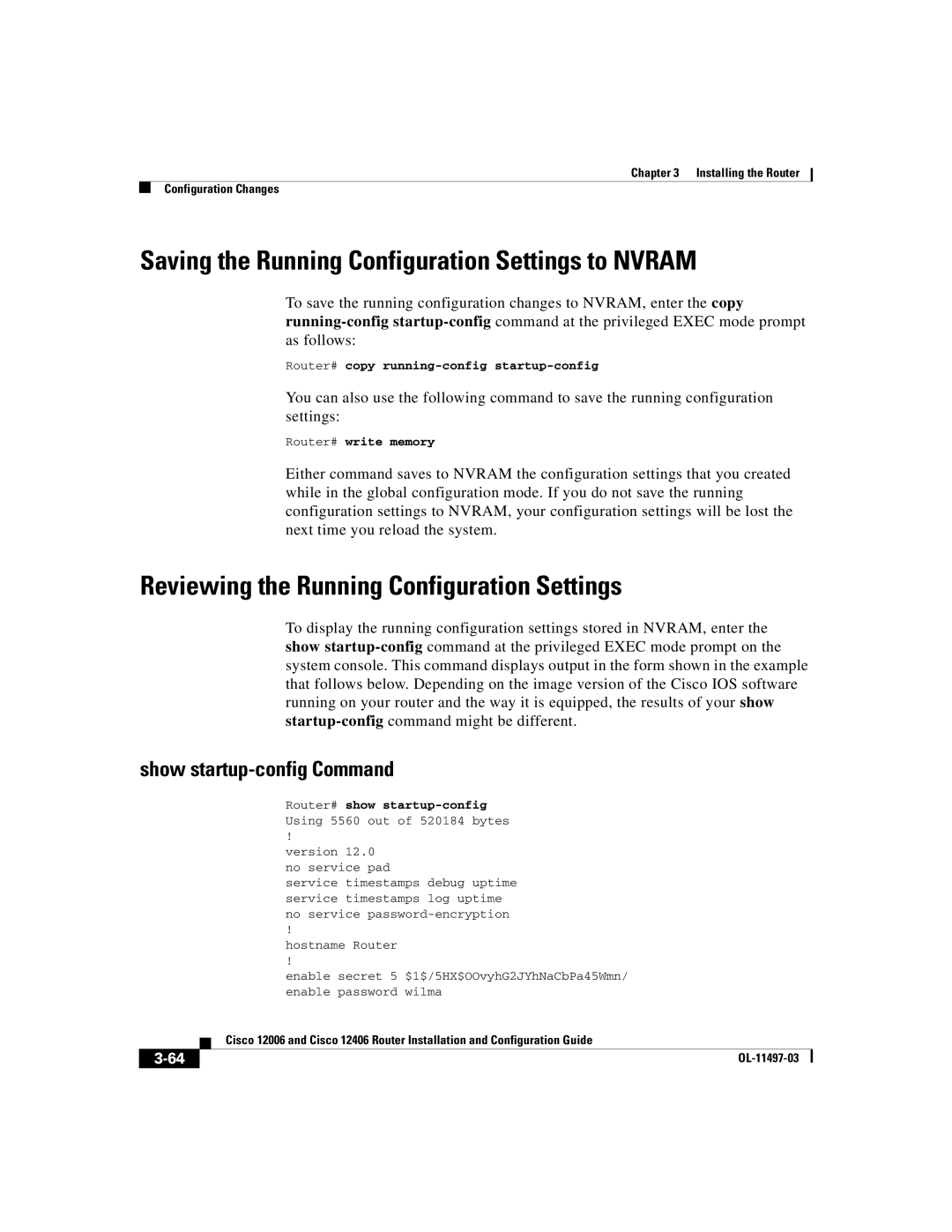 Cisco Systems Cisco 12406 Saving the Running Configuration Settings to Nvram, Reviewing the Running Configuration Settings 