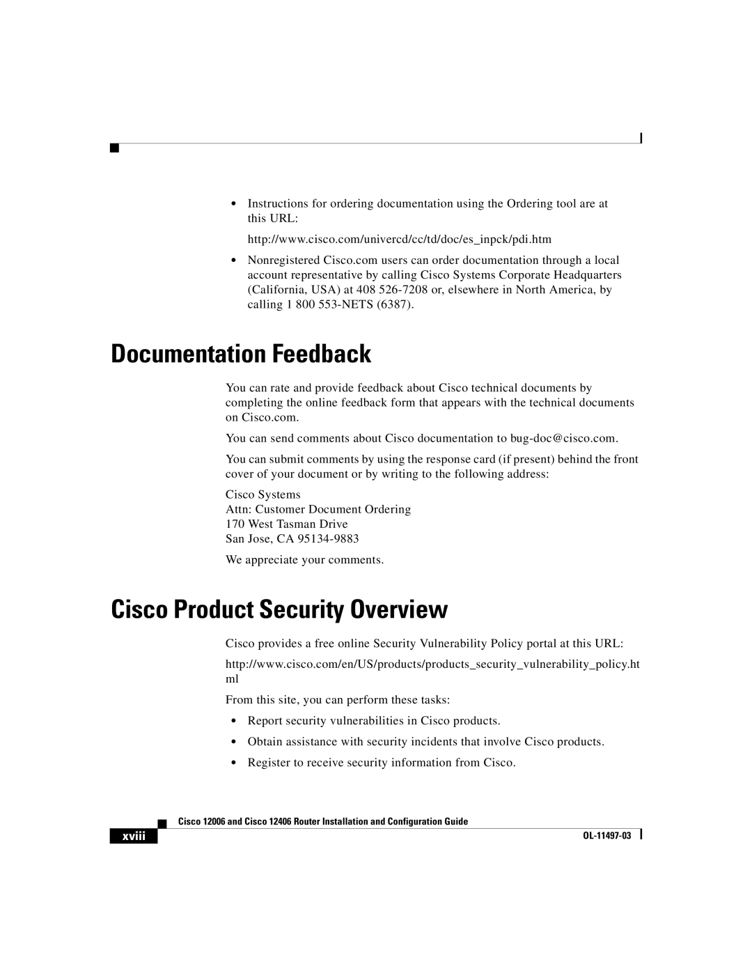 Cisco Systems Cisco 12406, Cisco 12006 manual Documentation Feedback, Cisco Product Security Overview 