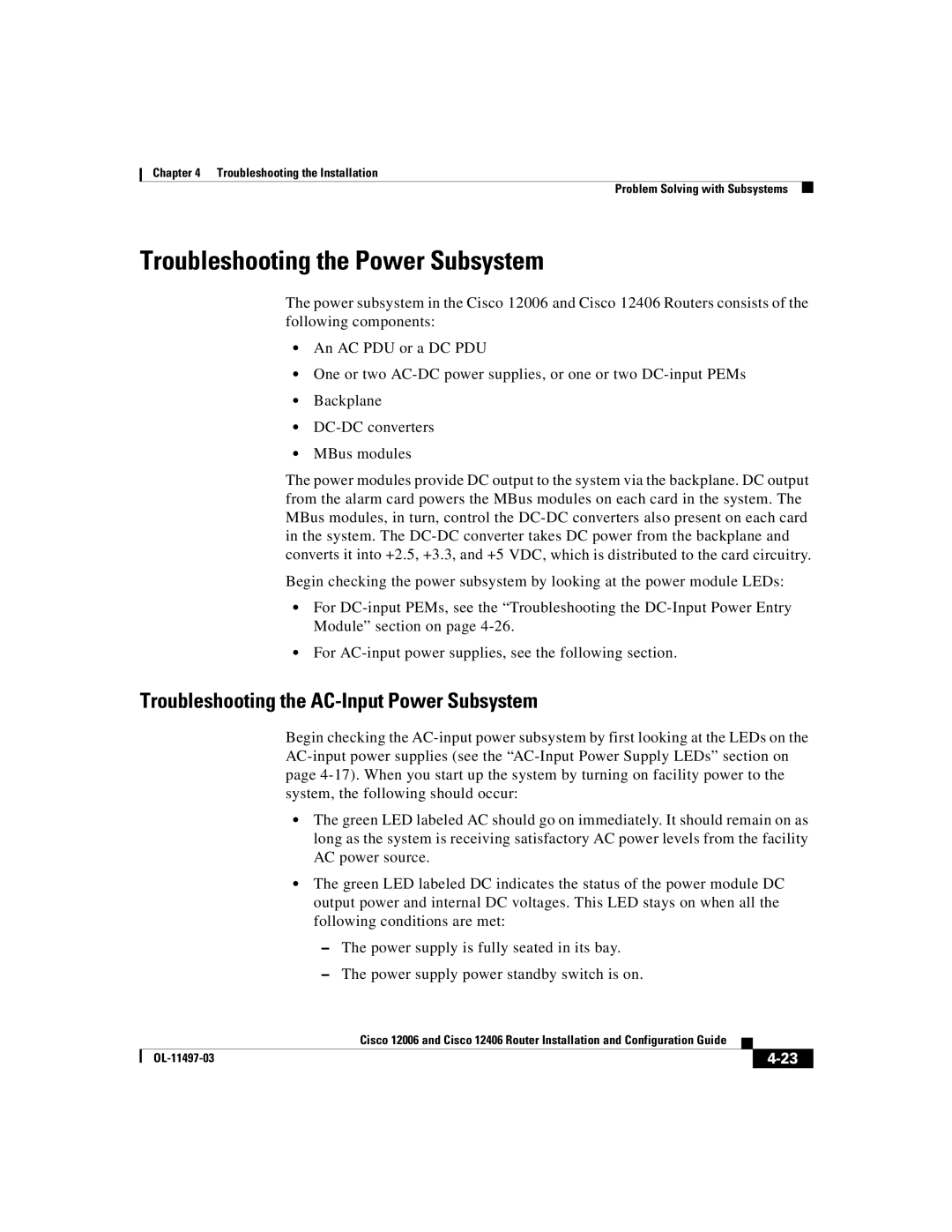 Cisco Systems Cisco 12006, Cisco 12406 Troubleshooting the Power Subsystem, Troubleshooting the AC-Input Power Subsystem 