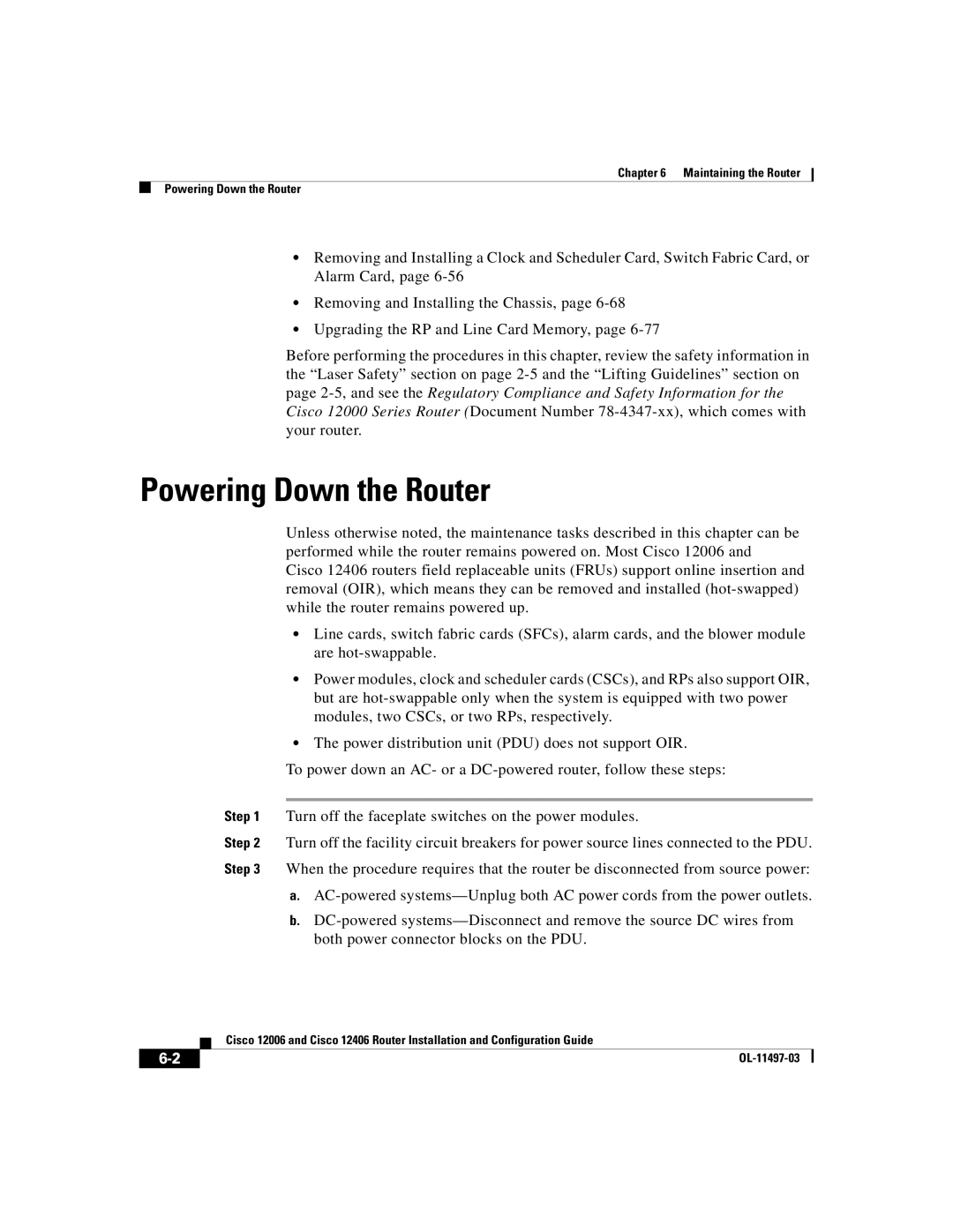 Cisco Systems Cisco 12406, Cisco 12006 manual Powering Down the Router 