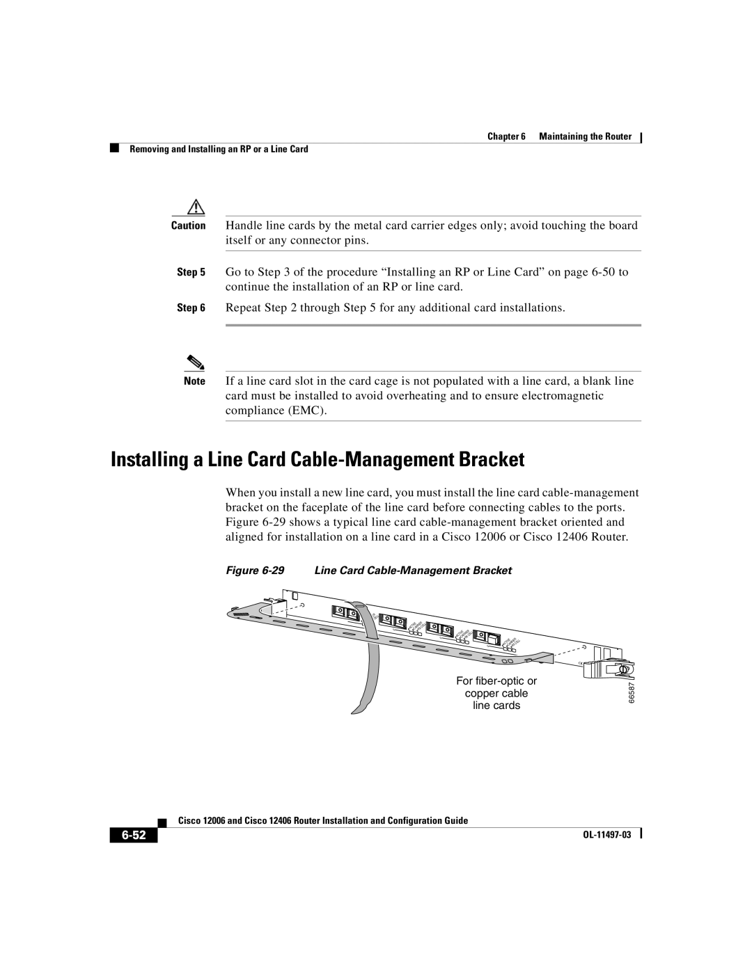 Cisco Systems Cisco 12406 Installing a Line Card Cable-Management Bracket, For fiber-optic or Copper cable Line cards 