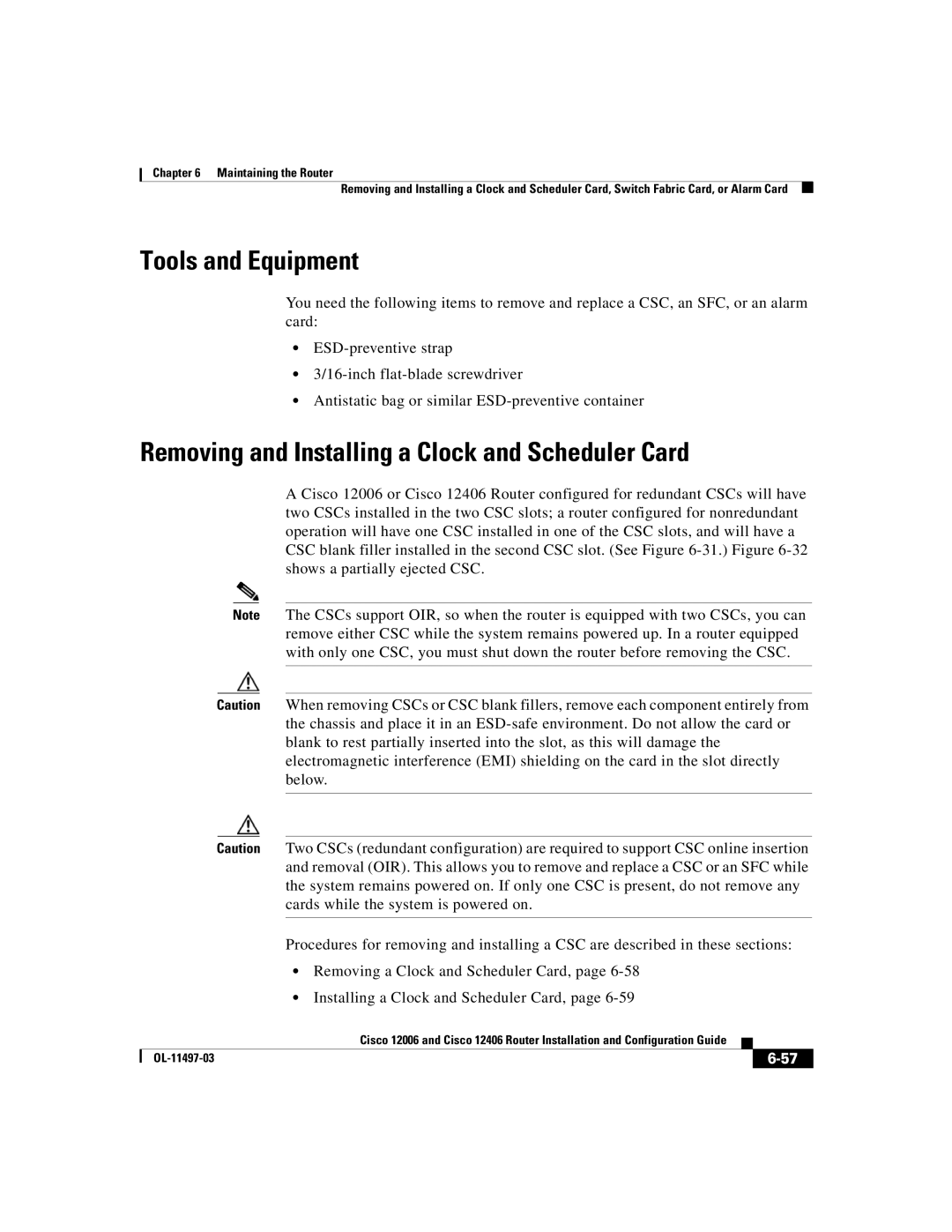 Cisco Systems Cisco 12006, Cisco 12406 manual Tools and Equipment, Removing and Installing a Clock and Scheduler Card 