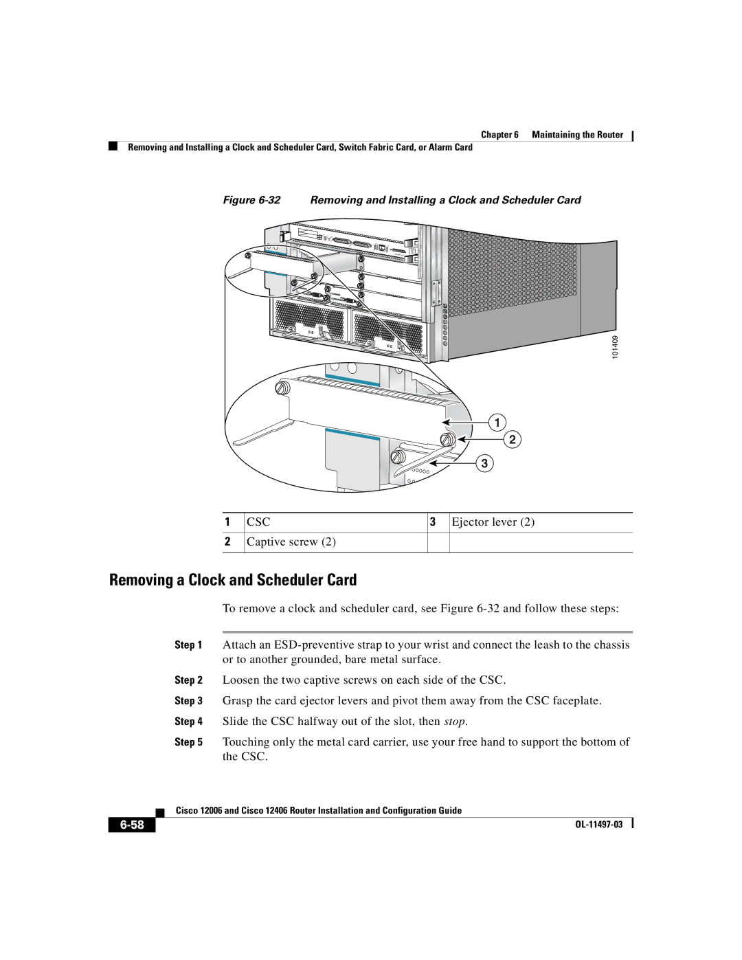 Cisco Systems Cisco 12406, Cisco 12006 manual Removing a Clock and Scheduler Card, Csc 