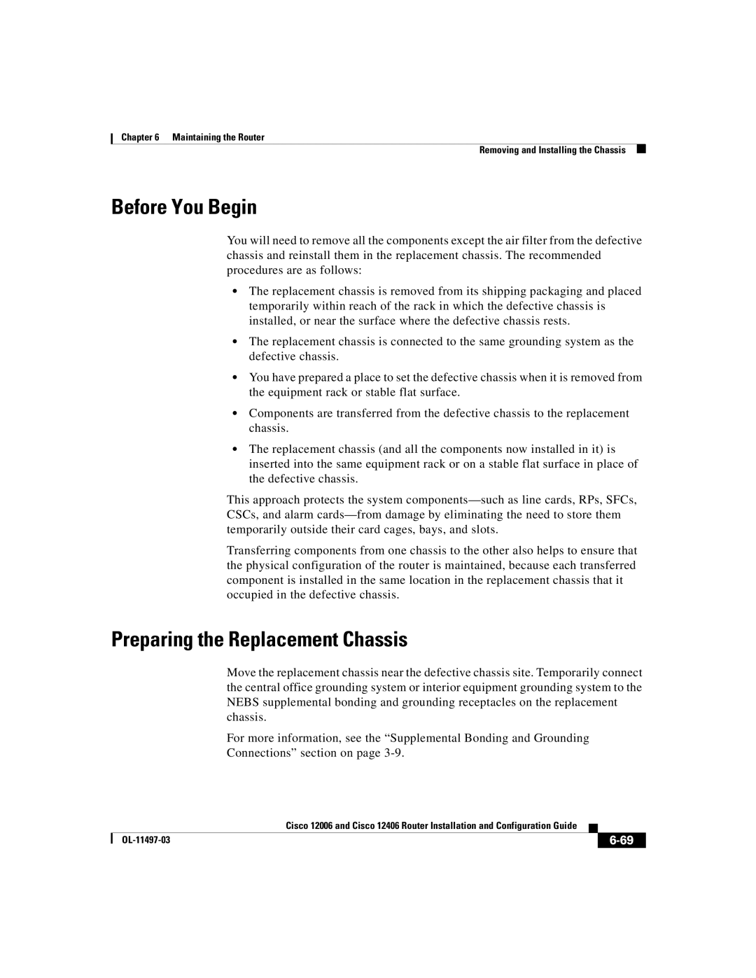 Cisco Systems Cisco 12006, Cisco 12406 manual Before You Begin, Preparing the Replacement Chassis 