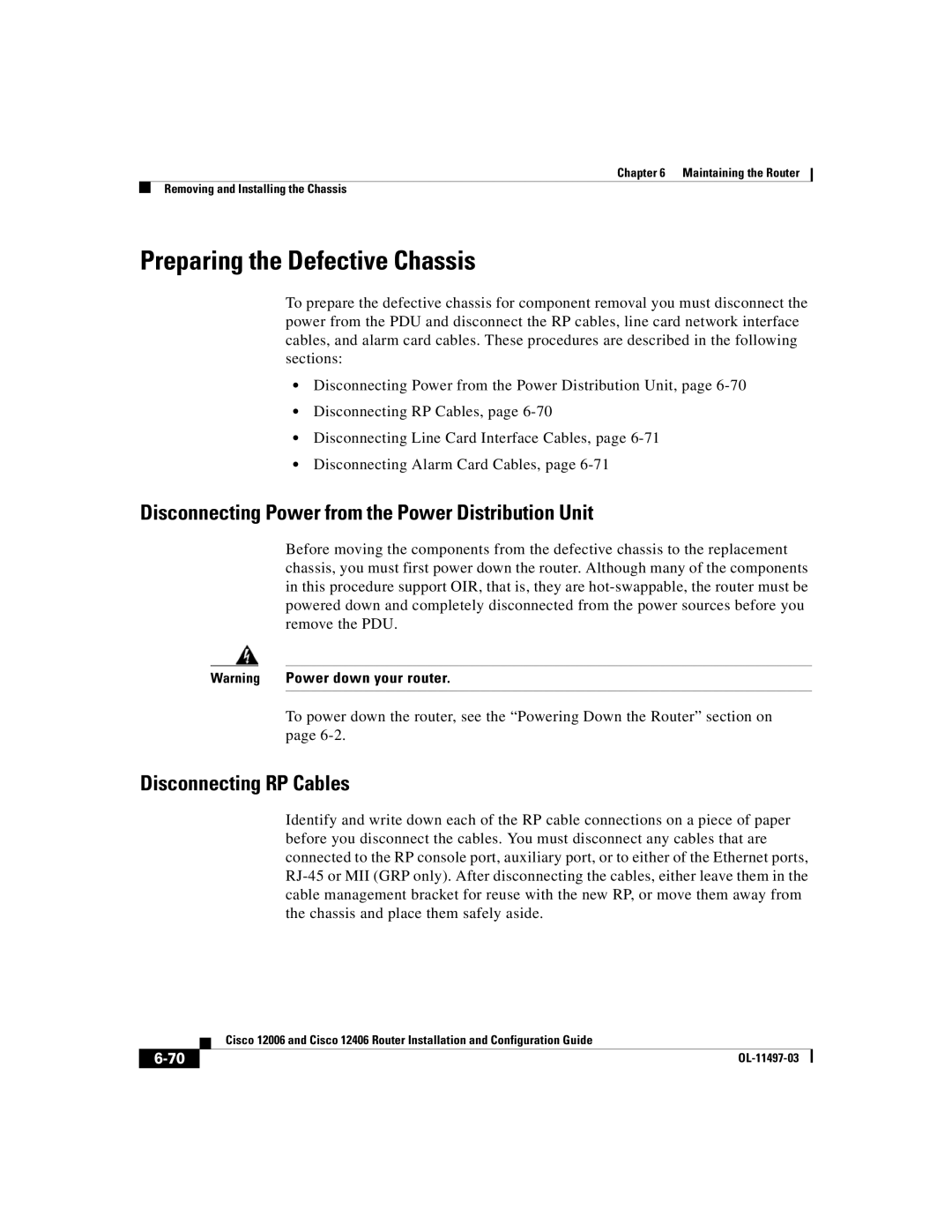 Cisco Systems Cisco 12406 manual Preparing the Defective Chassis, Disconnecting Power from the Power Distribution Unit 