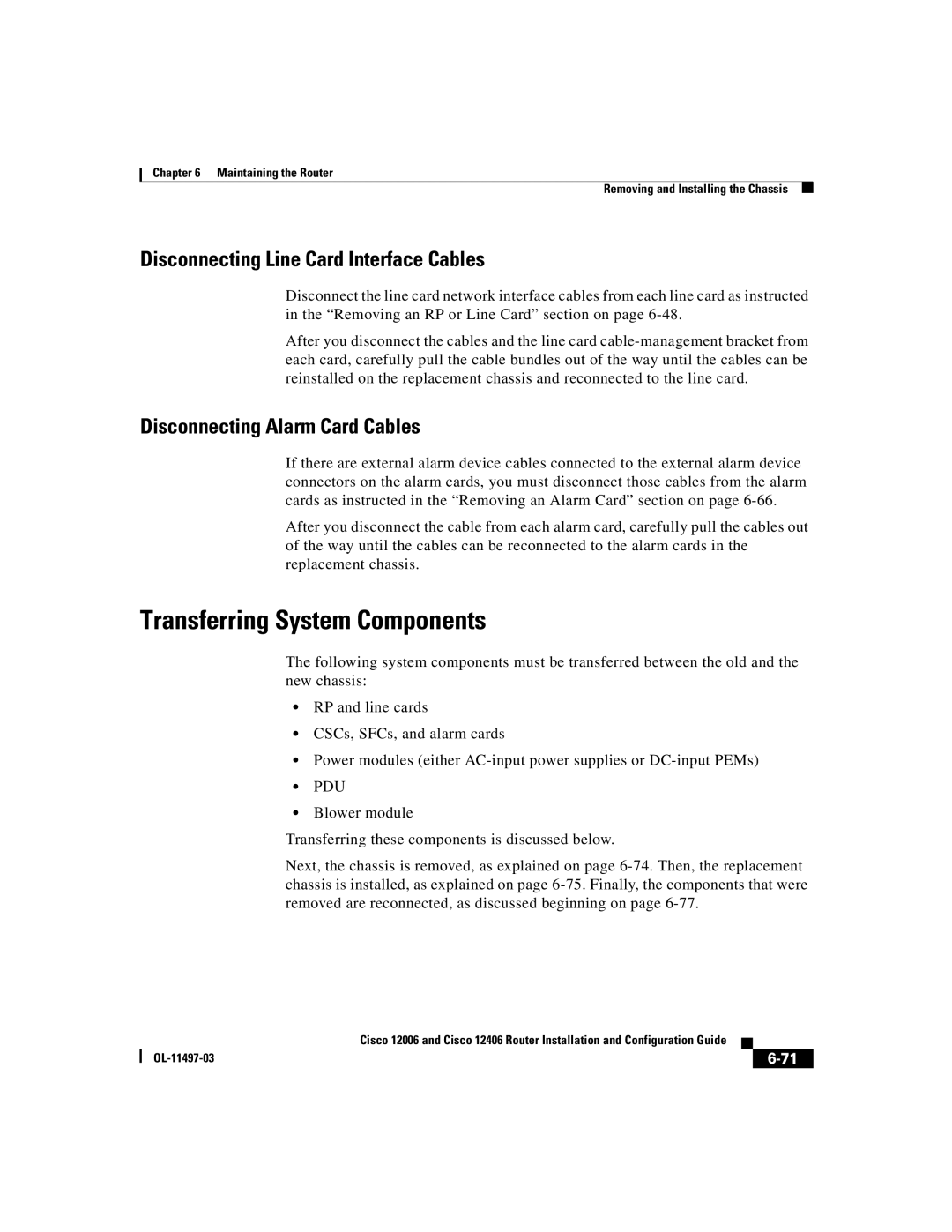 Cisco Systems Cisco 12006, Cisco 12406 manual Transferring System Components, Disconnecting Line Card Interface Cables, Pdu 