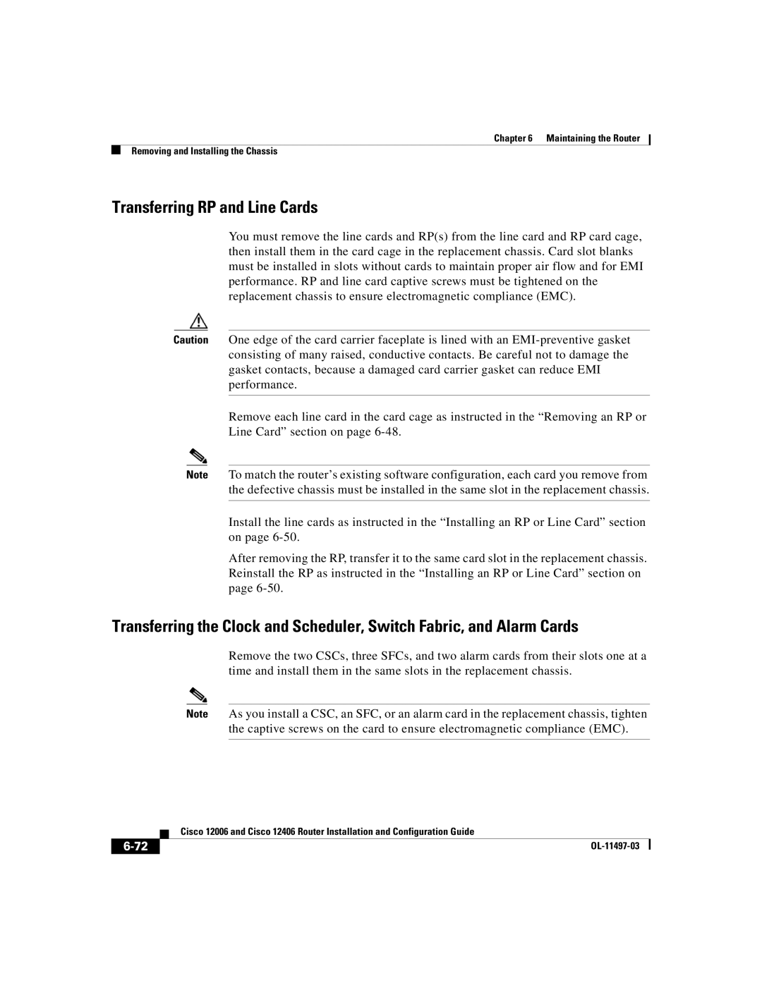 Cisco Systems Cisco 12406, Cisco 12006 manual Transferring RP and Line Cards 