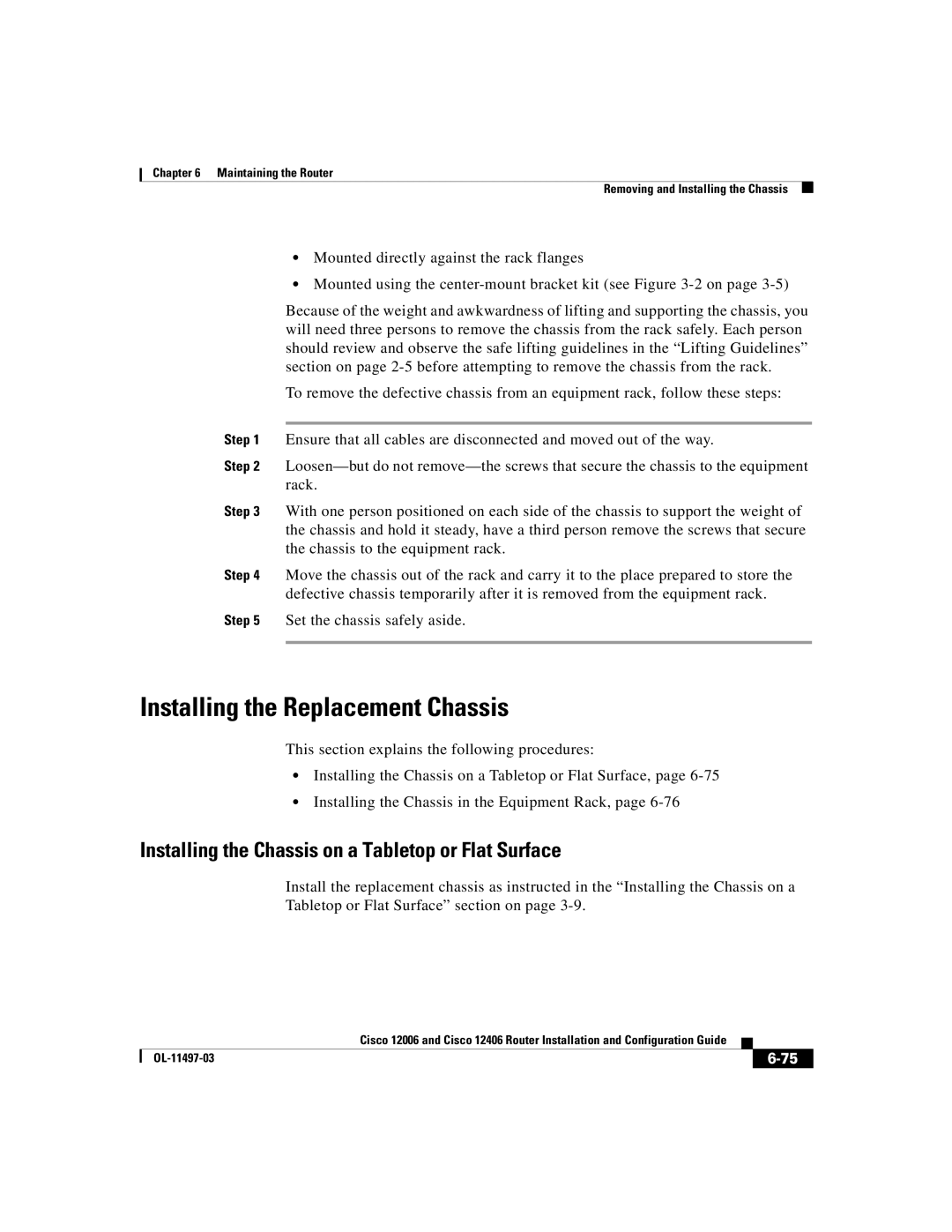 Cisco Systems Cisco 12006 manual Installing the Replacement Chassis, Installing the Chassis on a Tabletop or Flat Surface 