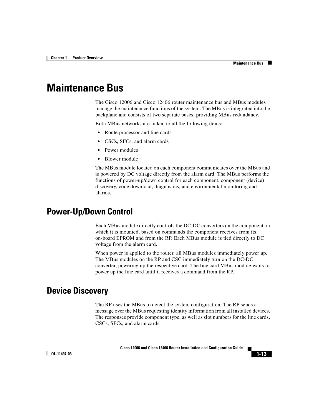 Cisco Systems Cisco 12006, Cisco 12406 manual Maintenance Bus, Power-Up/Down Control, Device Discovery 