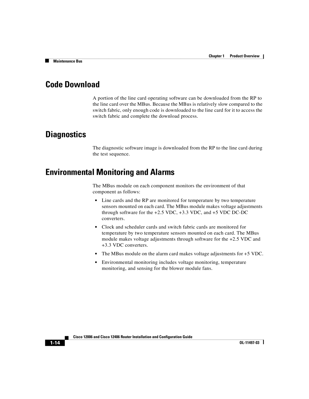 Cisco Systems Cisco 12406, Cisco 12006 manual Code Download, Diagnostics, Environmental Monitoring and Alarms 