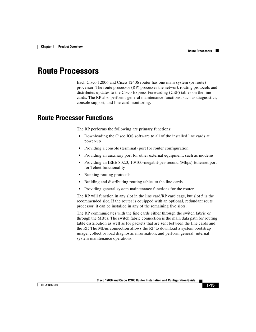 Cisco Systems Cisco 12006, Cisco 12406 manual Route Processors, Route Processor Functions 