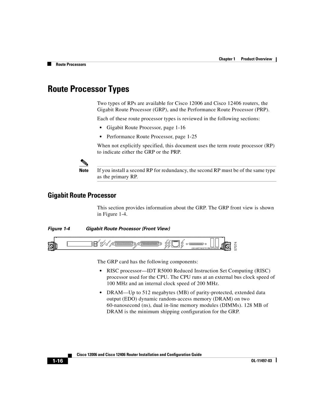 Cisco Systems Cisco 12406, Cisco 12006 manual Route Processor Types, Gigabit Route Processor 