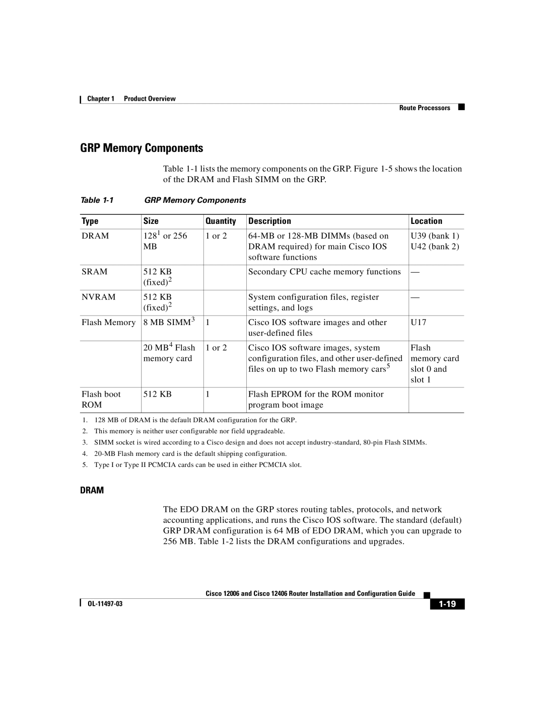 Cisco Systems Cisco 12006, Cisco 12406 manual GRP Memory Components, Type Size Quantity Description Location 