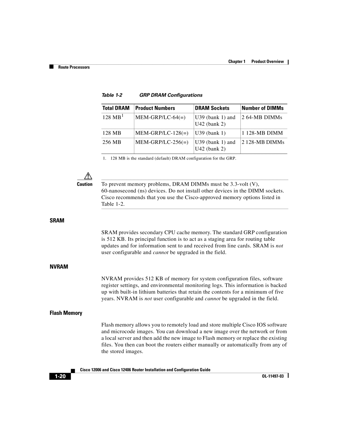 Cisco Systems Cisco 12406, Cisco 12006 manual Sram, Total Dram Product Numbers Dram Sockets Number of DIMMs 