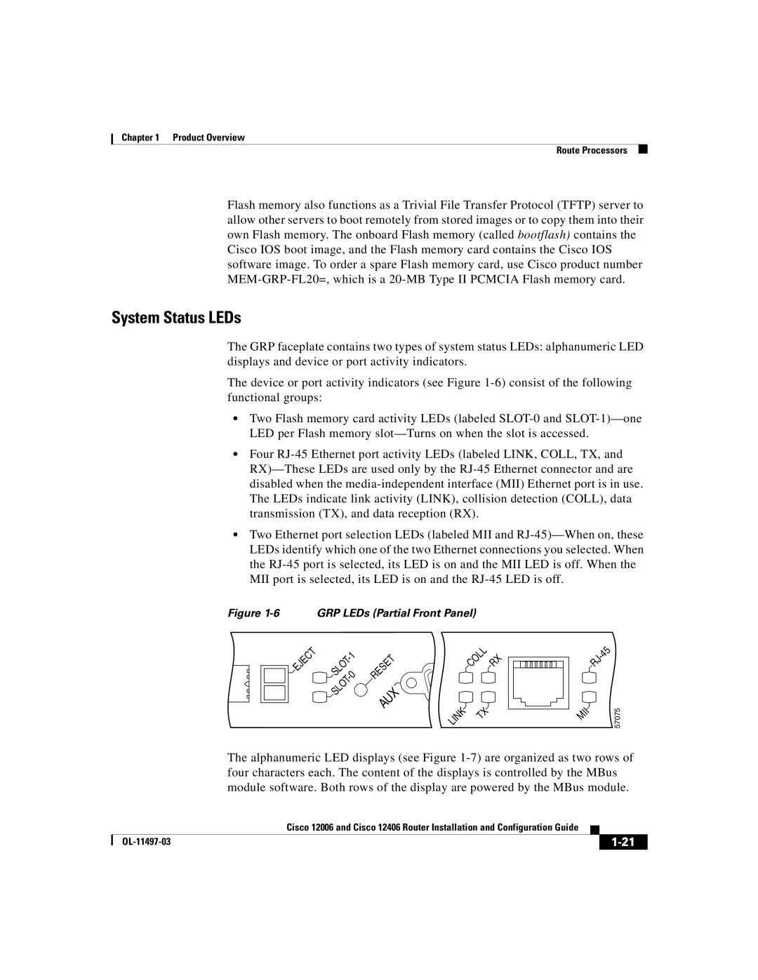 Cisco Systems Cisco 12006, Cisco 12406 manual System Status LEDs, Reset AUX Coll RX Link MII 