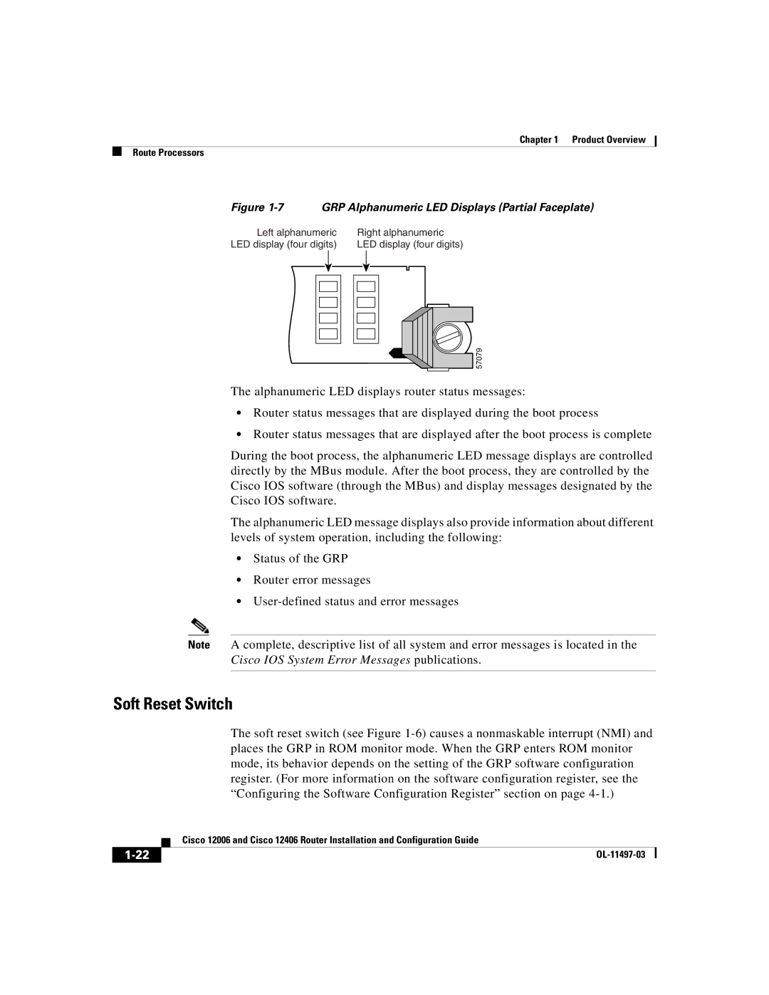 Cisco Systems Cisco 12406, Cisco 12006 manual Soft Reset Switch, GRP Alphanumeric LED Displays Partial Faceplate 