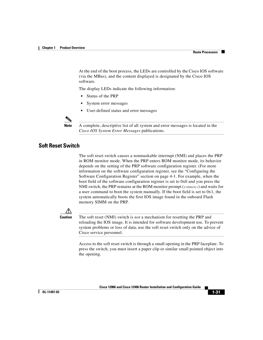 Cisco Systems Cisco 12006, Cisco 12406 manual Soft Reset Switch 