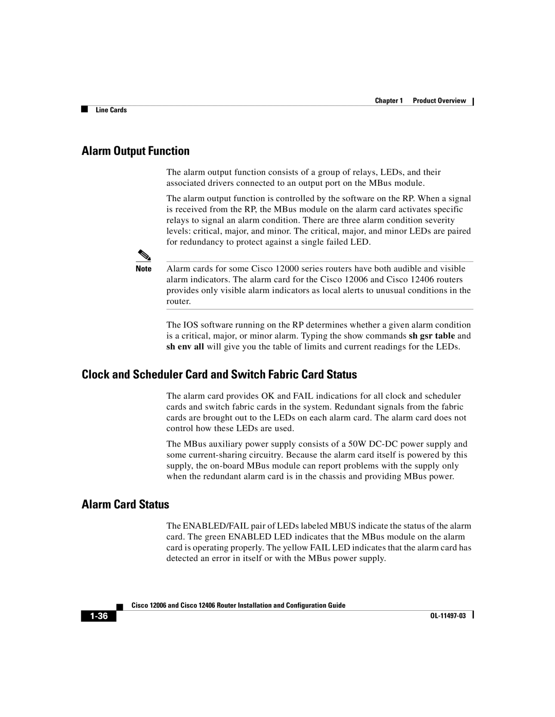 Cisco Systems Cisco 12406 Alarm Output Function, Clock and Scheduler Card and Switch Fabric Card Status, Alarm Card Status 