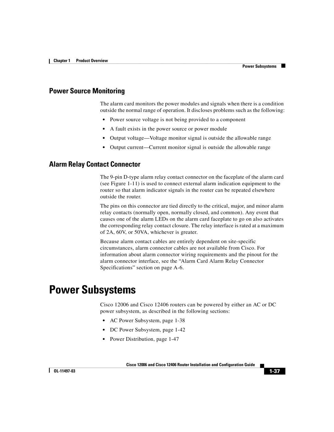 Cisco Systems Cisco 12006, Cisco 12406 manual Power Subsystems, Power Source Monitoring, Alarm Relay Contact Connector 