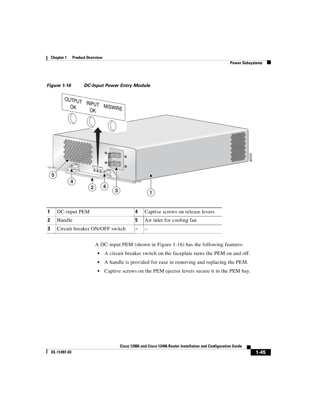 Cisco Systems Cisco 12006, Cisco 12406 manual DC-Input Power Entry Module 