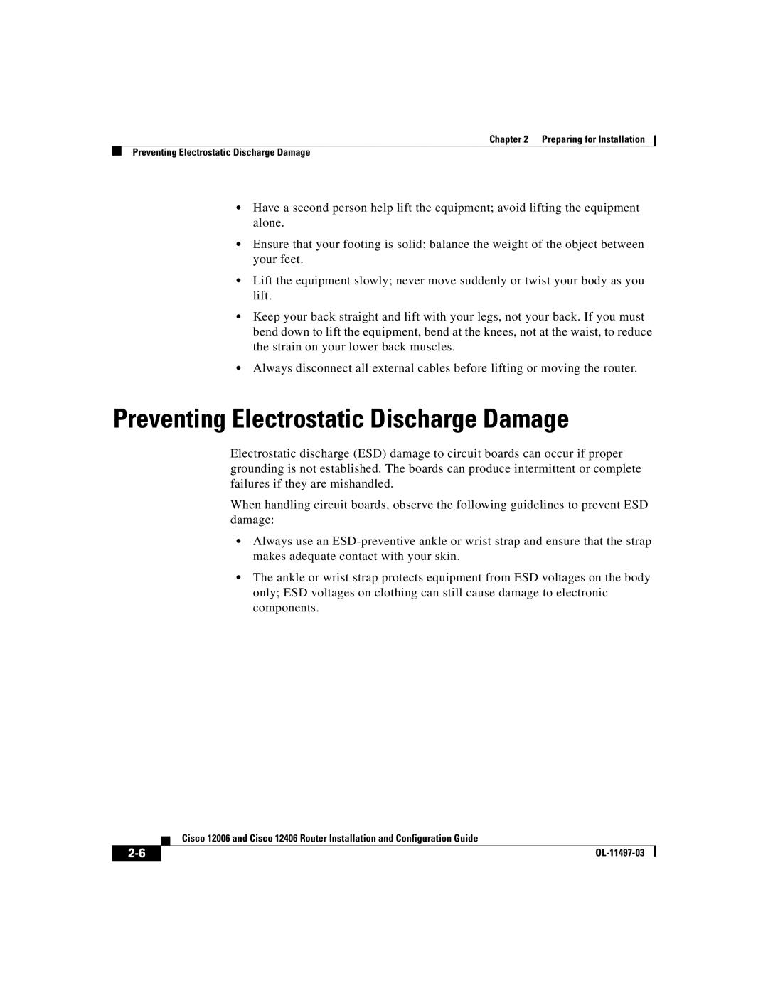 Cisco Systems Cisco 12406, Cisco 12006 manual Preventing Electrostatic Discharge Damage 